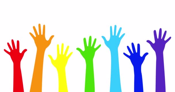 Разноцветные Анимированные Руки Поднятые Белом Фоне — стоковое видео