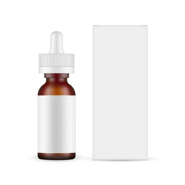 Frosted Amber Dropper Bottle Mockup Box Front View Isolated White — 스톡 벡터