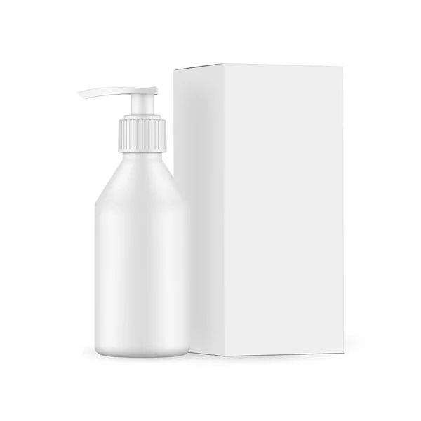 白い背景に隔離されたポンプとペーパーボックス付きプラスチック化粧品ボトルモックアップ ベクターイラスト — ストックベクタ
