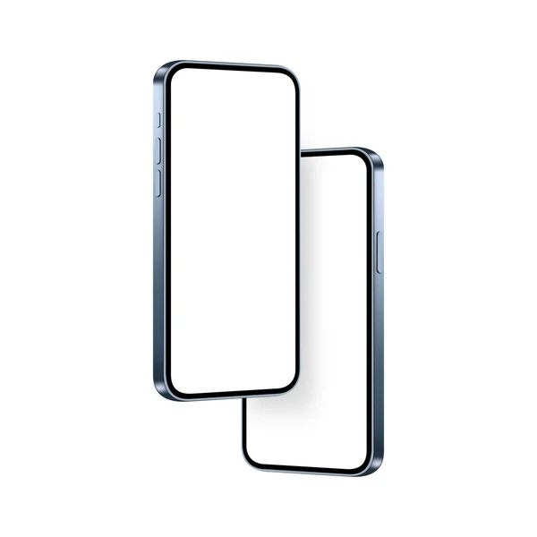 Telefoni Moderni Blue Mockups Isolato Sfondo Bianco Vista Prospettiva Laterale — Vettoriale Stock