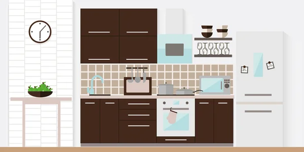 Interior de cocina marrón con muebles. Ilustración vectorial plana . — Vector de stock