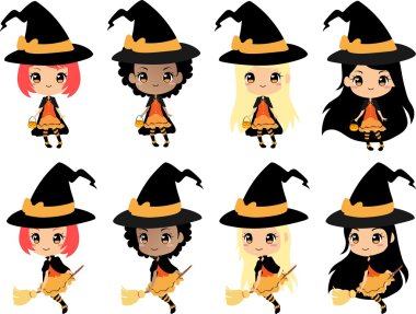 Chibi cadı halloween vektör küçük resim, Cadılar Bayramı Kostüm, şapka, pumpink ve uçan ile şirin kızlar. Hediye ver yoksa karışmam