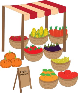 Meyve ve sebze satan bir pazar yeri çizimi.
