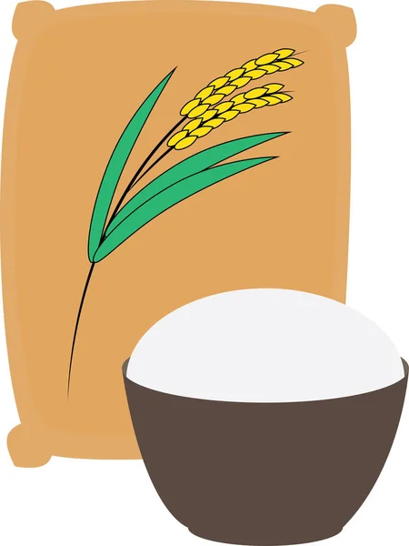 Bir çuval pirinç ve bir kase pilavın çizimi. Özellikle Asya ve Afrika 'da ana besin kaynağı..  