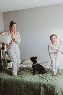 Kız ve erkek kardeş yataklarında köpekleri izlerken yastık savaşı yapıyorlar. Eğlenceli ve eğlenceli bir aile anı. Yüksek kalite fotoğraf