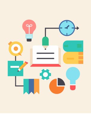 Creative business process flow chart with ideas and time management elements