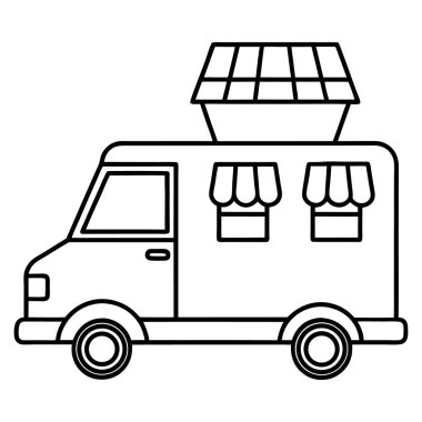 Servis için tenteli ve çatısı olan basit bir yemek kamyonu çizimi.
