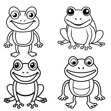 Dört sevimli çizgi film kurbağası gülümsüyor ve hayvan sanatı ve grafikleri için poz veriyor.