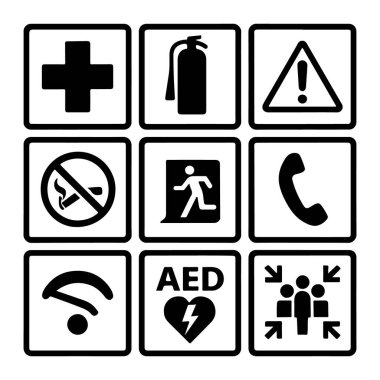 Acil Durum ve Güvenlik Simgeleri Paketi (124; Siyah Taslak Sanat Sembolleri (124); İlk Yardım, Yangın söndürücü, Çıkış, Uyarı İşaretleri SVG