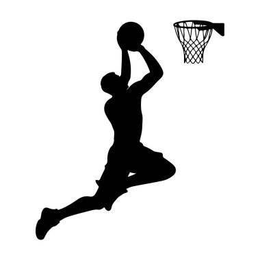 Basketbolcu silueti beyaz arkaplanda izole edilmiş bir şekilde smaç basmak için atlıyor