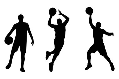 Beyaz arkaplanda üç basketbol oyuncusu hareket halinde.