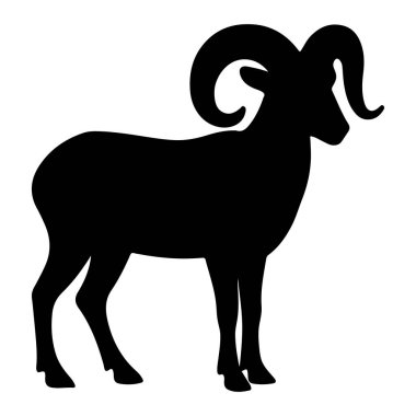 Beyaz arka planda geniş eğri boynuzları olan bir koç silueti.
