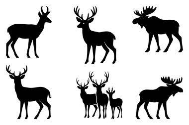 Beyaz arka planda izole edilmiş geyik ve geyik siluetleri koleksiyonu
