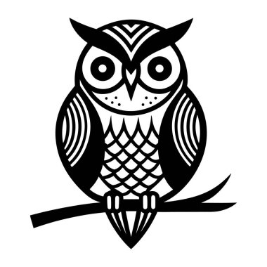 Bir baykuşun çarpıcı siyah-beyaz grafik temsili. Bu stil sahibi yaratık bir dalın üzerinde zevkle oturuyor. Ayrıntıları, modern ve sanatsal bir cazibe sunan, cesur bir çizgiyle özetlenmiş..