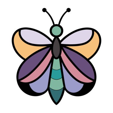 Karikatür estetiğine bürünmüş büyüleyici, stilize bir kelebek. Bölümlü kanatları, çeşitli yaratıcı projeler için tuhaf ve dostane bir görsel yaratarak pastel renklerden oluşan enfes bir dizi sergiliyor..