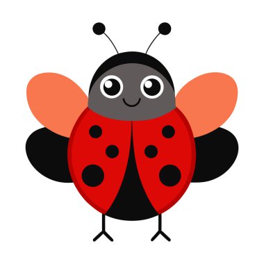 Siyah noktalı parlak kırmızı kanatları ve canlı turuncu kanat kapakları olan sevimli bir uğurböceği çizgi filmi. Çocuk kitapları ve eğlenceli sanat eserleri için mükemmel..