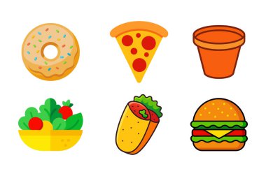 Altı canlı görüntü popüler fast food ve tatlı öğelerini gösteriyor. Bu koleksiyonda bir çörek, pizza dilimi, kupa, salata, burrito ve burger var, mutfak temaları için mükemmel..