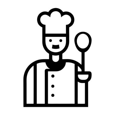 Çekici bir çizgi sanat ikonu, elinde kaşık tutan uzun bir şapka ve üniforma giyen bir şefi tasvir ediyor. Bu grafik mutfak siteleri, yemek tarifi uygulamaları ve gıda ile ilgili işletmeler için mükemmeldir..