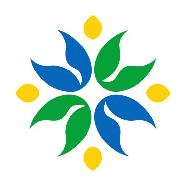 Soyut geometrik bir çiçek deseni, merkezi bir noktadan yayılan mavi ve yeşil yapraksı şekillerin simetrik düzenlemelerini içerir, küçük sarı oval elementlerle vurgulanarak, uyumlu bir mandala oluşturur..