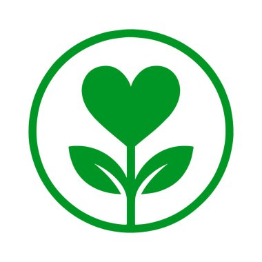 Dairesel bir hatla çevrili, iki yapraklı bir gövdenin üzerinde kalp şeklinde bir yaprak bulunan canlı yeşil bir sembol. Organik büyümeyi, doğa sevgisini ve ekolojik bilinçli yaşamı temsil eder..