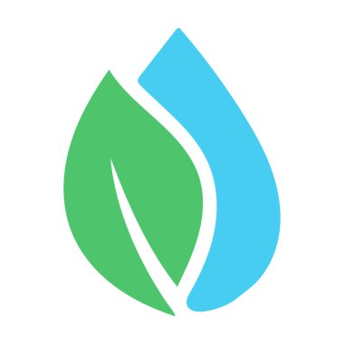 Temiz ve modern bir logo tasarımı stilize edilmiş yeşil bir yaprak, canlı mavi bir su damlasıyla iç içe, organik büyüme ve ferahlatıcı saflığı temsil ediyor. Çevre veya sağlık işleri için ideal.
