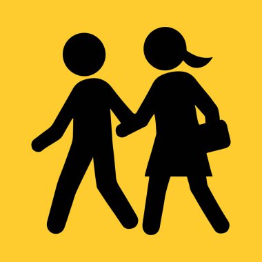 Sarı arka planda el ele yürüyen bir çiftin basit silüeti.