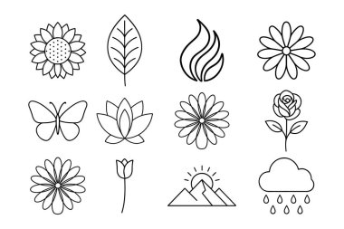 Çiçeklerin yer aldığı el yapımı doğa simgelerinin toplanması kelebek dağları ve hava elementleri