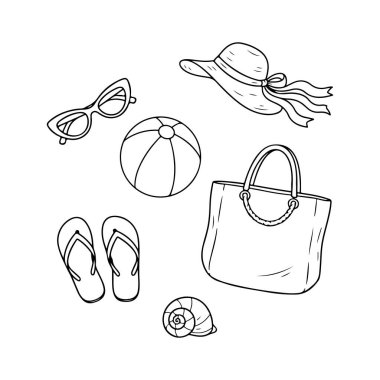 Plaj tatili aksesuarları vektör illüstrasyonu, düz tasarım yaz esasları