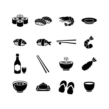 Suşi restoranı menüsü öğeleri vektör illüstrasyonu, düz tasarım