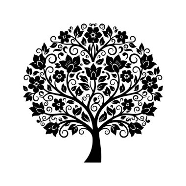 Çiçekler ve yapraklar ile süslü ağaç vektör çizimi, düz tasarım