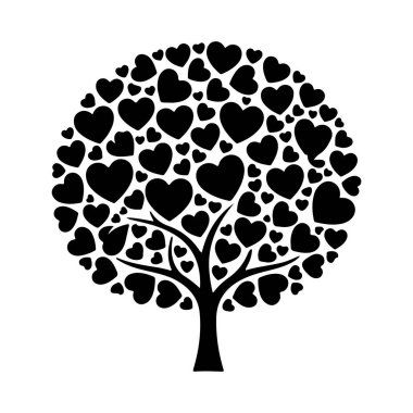Kalp şeklinde yaprakları olan siyah ağaç vektör çizimi, düz tasarım sembolü