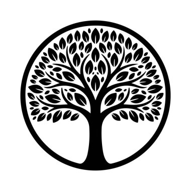 Daire vektör illüstrasyonunda siyah ağaç silueti, düz tasarım