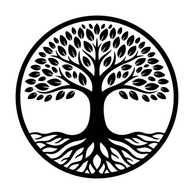 Kökleri daire vektör illüstrasyonunda olan ağaç, düz tasarım