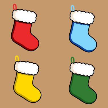 Beyaz süslemeli dört renkli Noel çorabının yer aldığı vektör çoraplar: Noel çorabı, bayram, bayram, şenlik, çorap, hediye, hediye, kırmızı, mavi, sarı, yeşil, beyaz, kürk süsü, kış, dekorasyon, asılı döngü, grafik, resim,