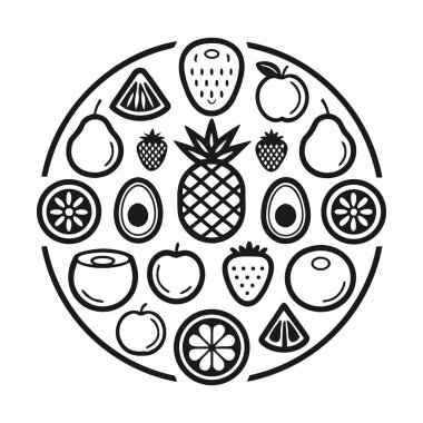 Beyaz bir zemin üzerine kurulmuş çeşitli meyveleri temsil eden siyah beyaz simgelerden oluşan dairesel bir düzenleme. Simgeler arasında bir ananas, çilek, elma, armut, portakal ve limon dilimleri, avokadolar ve yabanmersini yer alıyor. Tasarım temiz ve grafik