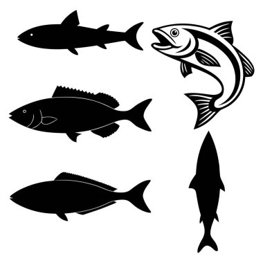 Beyaz arka planda siyaha boyanmış beş farklı balık silueti koleksiyonu. Grupta bir köpekbalığı, zıplayan bir somon, bir levrek, uzun ince bir balık ve bir balığın sırt manzarası yer alıyor. Siluetler detaylı ve benzersiz şekiller sergiliyor