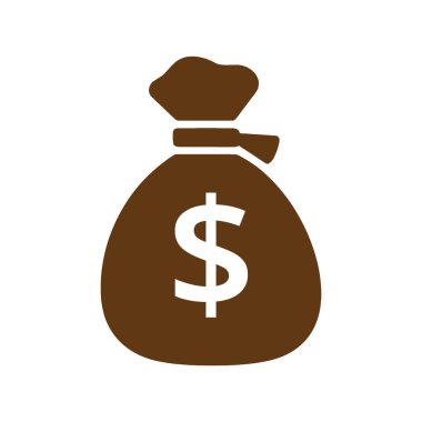 Beyaz bir arka planda, bir para çantasının kahverengi silueti gösteriliyor. Torbanın önünde belirgin bir beyaz dolar işareti sergileniyor. Yazdırma ve dijital ortam için uygun ölçeklenebilir vektör biçimi.
