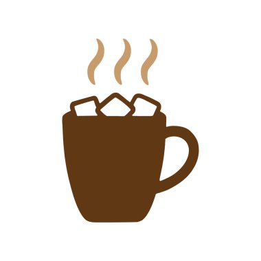 Yüzeyden yükselen üç tutam bronz buharla kanıtlanmış sıcak bir içecekle dolu kahverengi bir kupa. Suda yüzen birkaç beyaz marşmelov görülebilir. Kupanın basit bir kolu var ve beyaz arkaplanda sunuluyor..