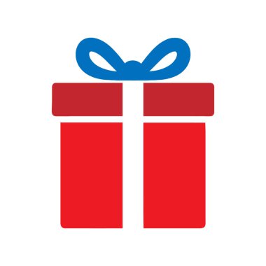 Mavi kurdeleli kırmızı bir hediye kutusunun basit bir grafiği. Kurdele kutunun üzerinde klasik bir yay oluşturur. Kutunun önünde şeridi temsil eden beyaz bir şerit var. Resim beyaz bir arkaplanda izole edilmiştir.