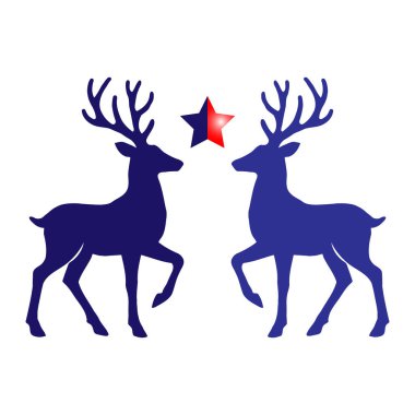 Geyik boynuzlu iki koyu mavi siluet karşı karşıya duruyor. Aralarında, eğimli bir kırmızı ve siyah yıldız konumlandırılmıştır. Arka plan beyaz. Yazdırma ve dijital ortam için uygun ölçeklenebilir vektör biçimi.