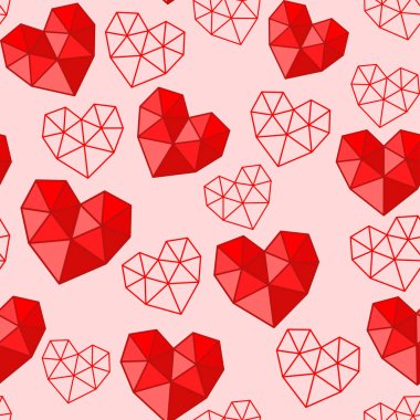 Geometrik çokgen kırmızı kalpler ve pembe arka plandaki ana hatlı kalpler. Duvar kâğıdı, ambalaj kağıdı, ambalaj kağıdı, ambalaj, pankart, kumaş, tekstil, giysi ve çantalarda baskı için vektörsüz desen. Sevgililer günü ve düğün için tasarım şablonu
