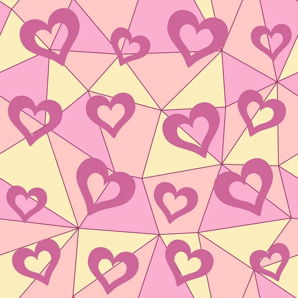 Corazones Huecos Rosados Sobre Colorido Fondo Geométrico Poligonal Patrón Sin — Vector de stock