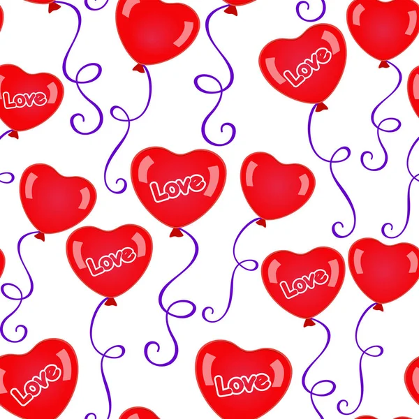 Red Heart Shaped Balloons Purple Ribbons White Background Vector Seamless — Stock Vector