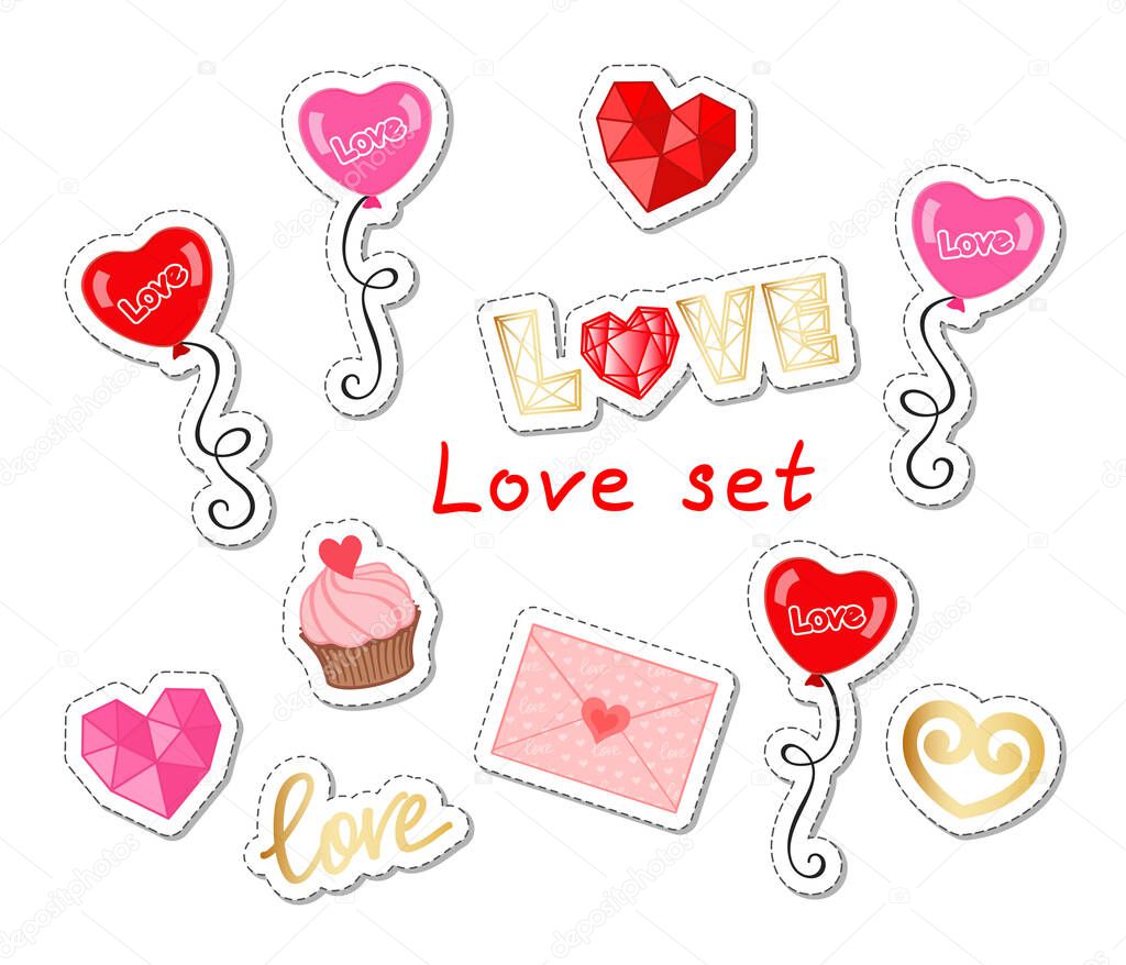 Love set with balloons, hearts, lettering, cupcake and letter, isolated on a white background. Vector patches, stickers for Valentine's day, wedding, holiday greeting card, banner, love concept, print for t-shirt, clothing and bags. Design template