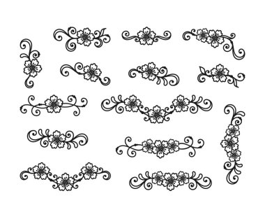 Siyah ve beyaz çiçek sınırları ve beyaz bir zemin üzerinde çiçekler ve girdaplar olan çerçeveler. Bayram tebrik kartı, bayram afişi, düğün davetiyesi, tabela, etiket, lazer ve entrikacı kesimi için dekoratif unsurlar. Vektör tasarım şablonu