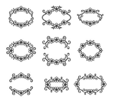 Beyaz bir zemin üzerinde çiçekler ve girdaplar olan siyah-beyaz çiçekli çerçeveler. Bayram tebrik kartı, bayram afişi, düğün davetiyesi, monogram, tabela, etiket, lazer ve çizer kesim için dizayn öğeleri. Vektör tasarım şablonu