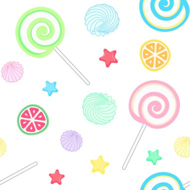 Renkli lolipoplar, kremalar, marmelatlar ve beyaz arka planda şekerler. Fırın, kafe, şekerci dükkanı, pastane, şekerci, ambalaj kağıdı ambalaj kağıdı, ambalaj kağıdı, ambalaj kağıdı, kağıt, kumaş, tekstil, menü. Tasarım şablonu