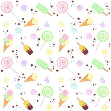 Renkli dondurma külahı, buzlu şeker, lolipop ve çikolata yıldızlı beyaz arka planda kremalar. Yaz yemeği ve tatlı. Kafe, şekerci dükkanı, pastane, şekerci, ambalaj kağıdı, ambalaj kağıdı, ambalaj kağıdı, menü, baskı 