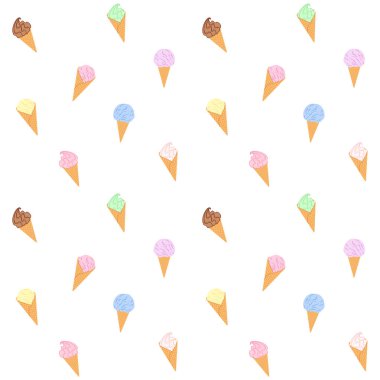 Beyaz arka planda farklı renkte dondurma külahı. Yaz yemeği ve tatlı. Vektörsüz kalıp, dondurma dükkanı için tasarım şablonu, şekerci dükkanı, kafe, şekerleme, ambalaj kağıdı, ambalaj kağıdı, ambalaj, kumaş, tekstil ve menü üzerine baskı