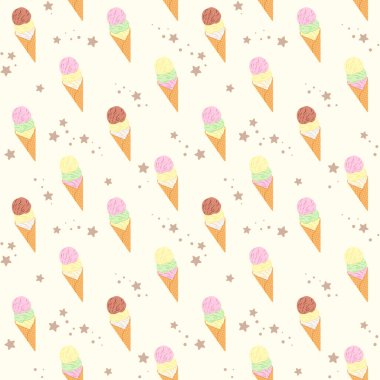 Bej arka planda küçük yıldızlı renkli dondurma külahı. Yaz yemeği ve tatlı. Vektörsüz şablon, dondurma dükkanı için şablon, şekerci dükkanı, kafe, şekerleme, ambalaj kağıdı, ambalaj kağıdı, ambalaj kağıdı, kumaş, tekstil ve menü üzerine baskı